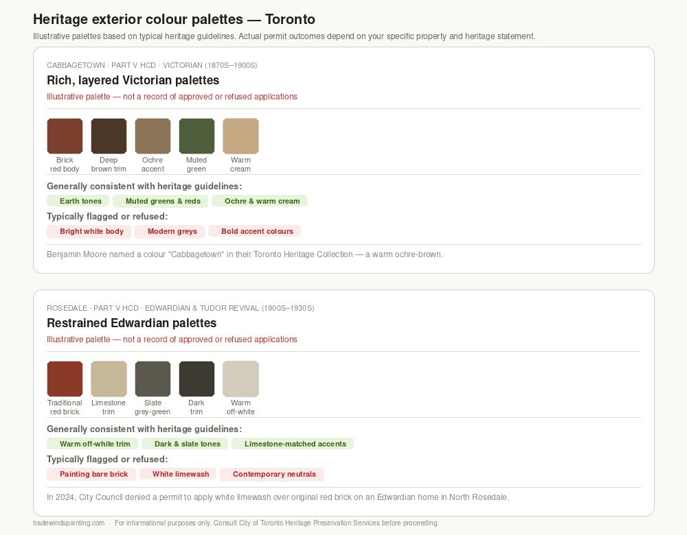 Toronto heritage exterior colour palettes: Cabbagetown Victorian and Rosedale Edwardian swatches, from brick reds and ochres to muted greens and warm off-whites